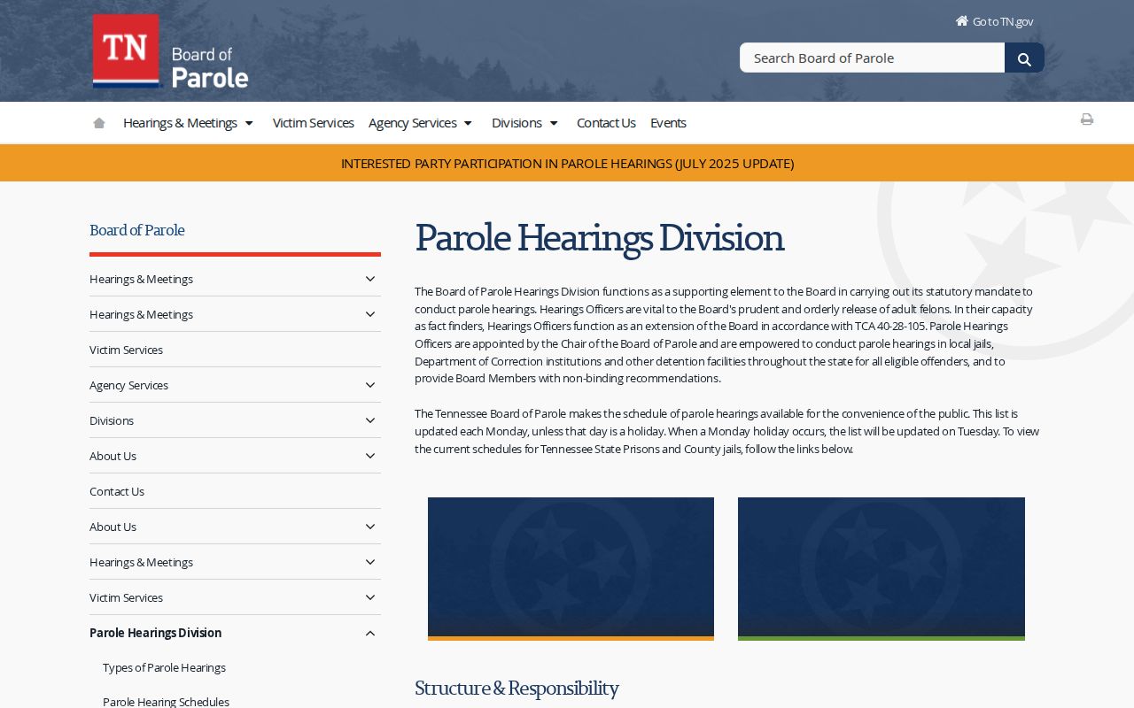 Tennessee Board of Parole hearing information for release verification