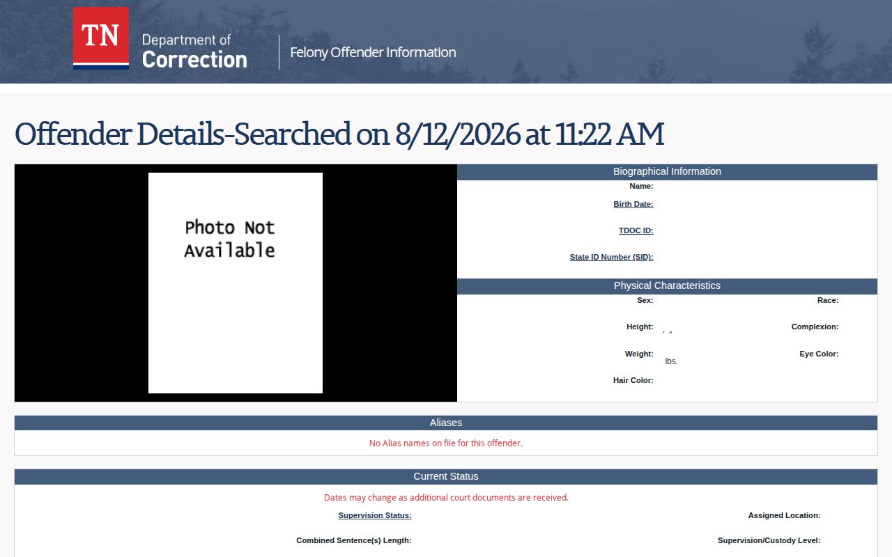 FOIL detail fields for Tennessee released inmate verification