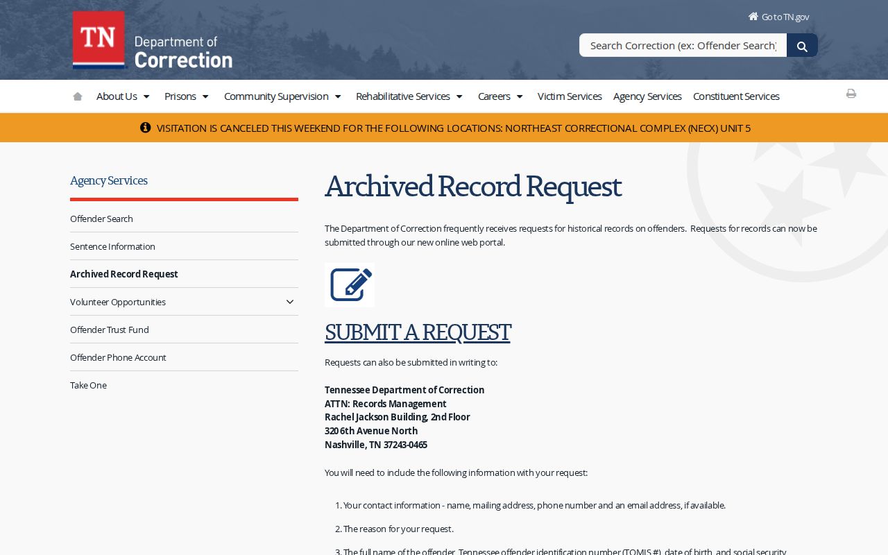 TDOC archived release record request page for Tennessee released inmates