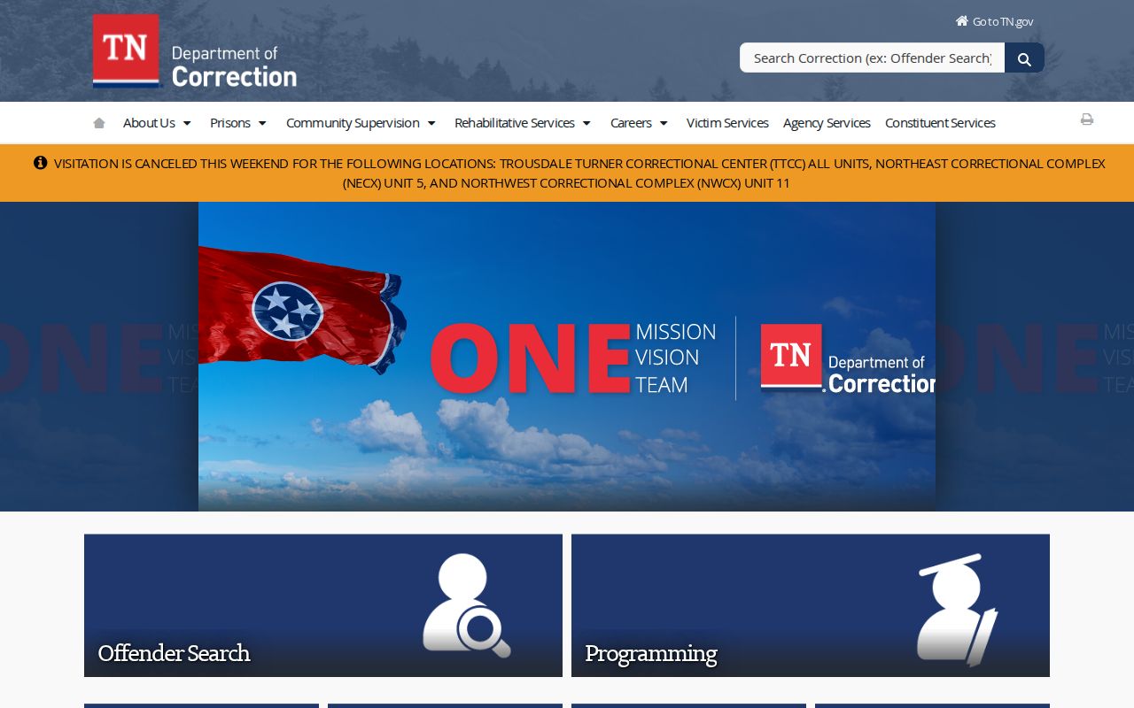Tennessee Department of Correction home page for released inmate records