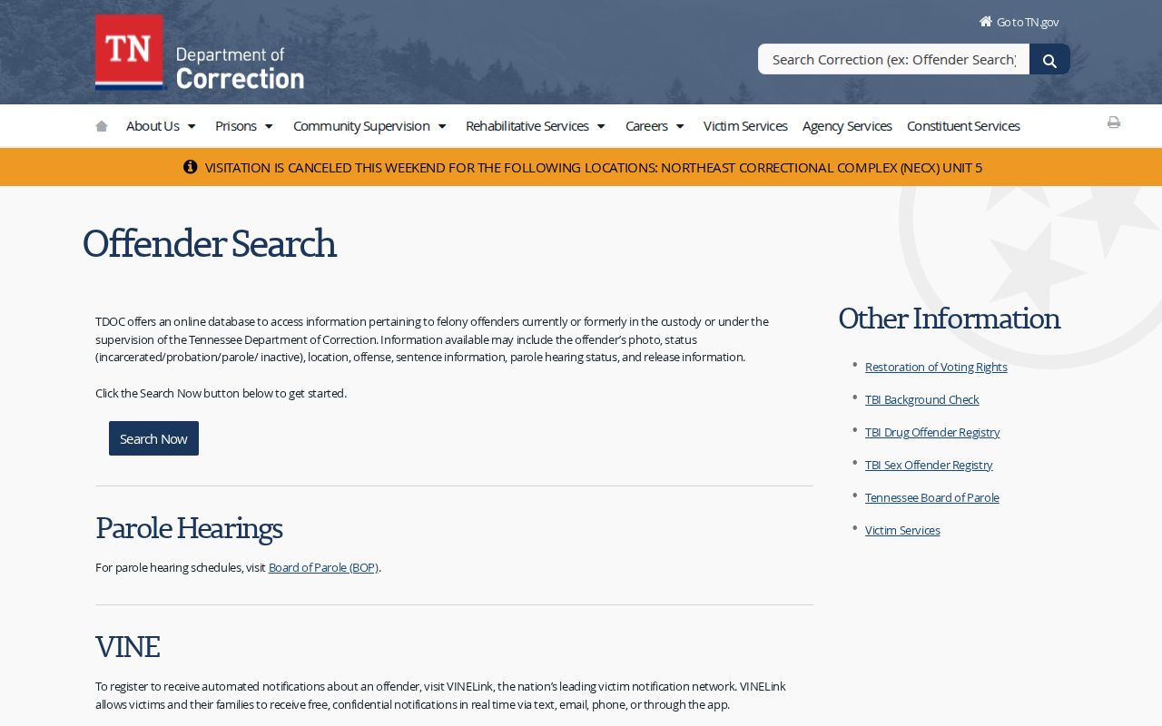 TDOC offender search explanation for Tennessee released inmates