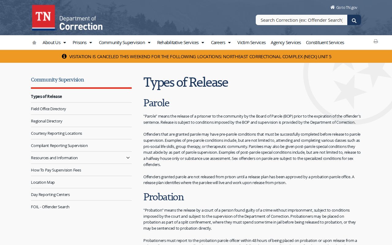 TDOC types of release for Tennessee released inmates